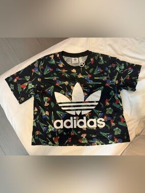 adidas Black Floral Trefoil Tee with White Logo